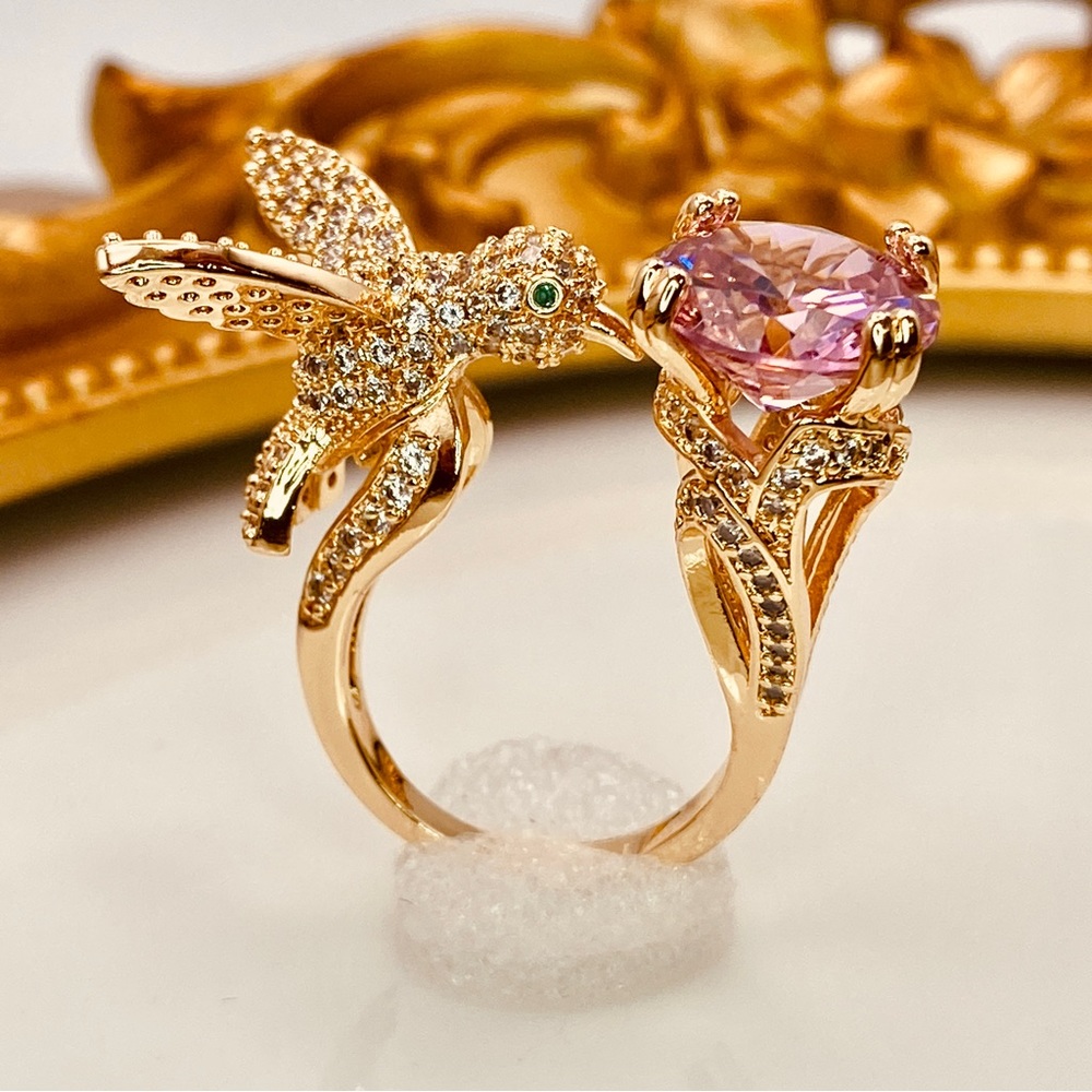 Stunning Hummingbird Pink CZ Diamonds Cocktail Statement Ring